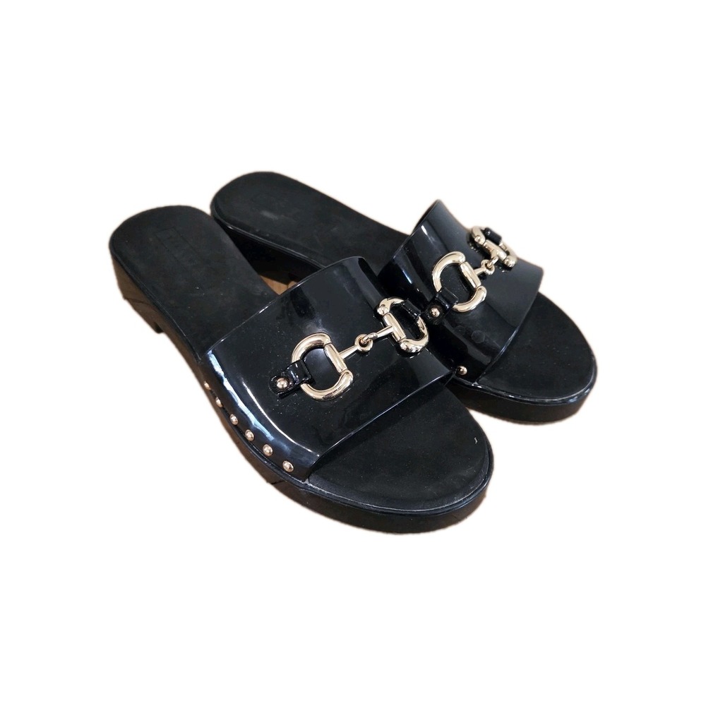 Yellow Box Anabel Black Jelly Slide Gold Bridle Hardware Sz 10.5/11 City Comfort
